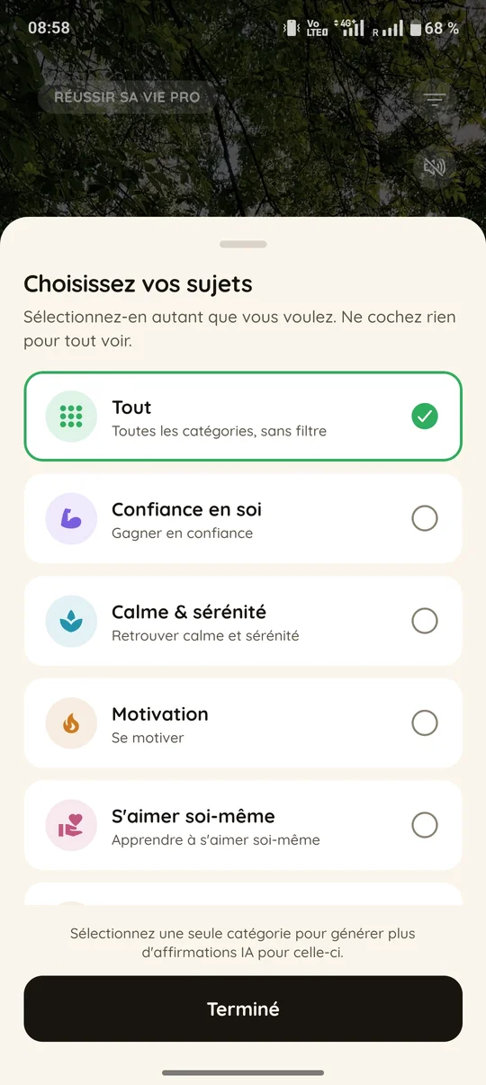 Sélection des catégories d'affirmations dans Talvo
