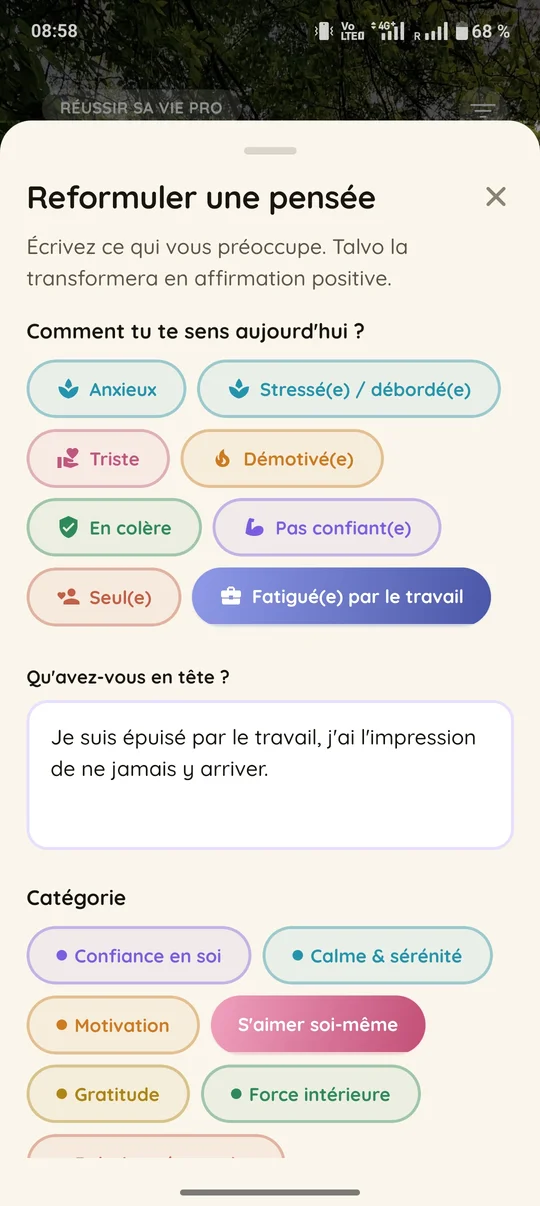 Reformulation d'une pensée en affirmation positive dans Talvo